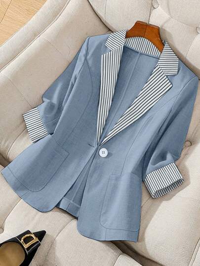 Franclia 女士休闲/工作长袖条纹拼布纽扣西装外套（秋冬季）