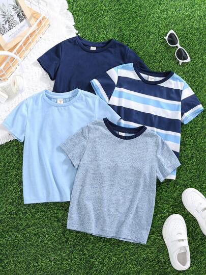 4 piezas Camisetas de cuello de tripulación de manga corta, de punto con textura, con estampado floral y de rayas para niños pequeños, multipaquete de tops adecuados para salidas, hogar, regreso a la escuela, fiestas, actuaciones, bodas, bautismos, ceremonias de apertura, ropa, uso diario, escuela, viajes, deportes, temporada de primavera y verano