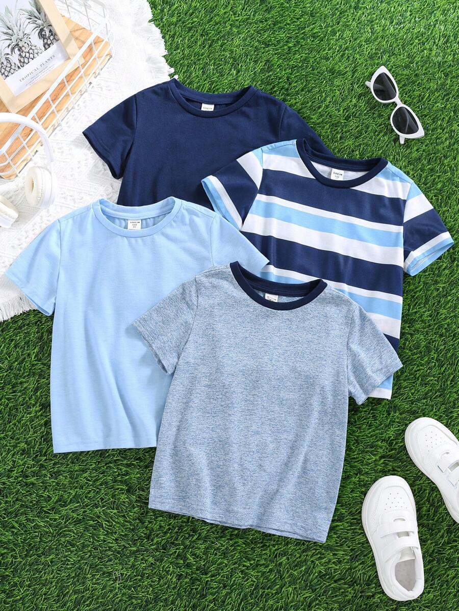 4 件装年轻男孩休闲条纹花卉印花针织纹理圆领短袖舒适 T 恤，多件装上衣适合外出、居家、返校、派对、表演、婚礼、洗礼、开幕式、服装、日常使用、学校、旅游、运动、春夏季节 - 藍色 - 查看 1