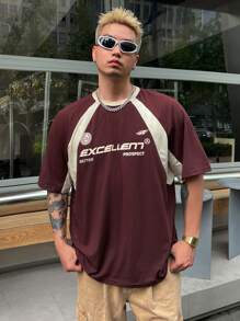 DAZY 男士字母印花圆领插肩短袖 T 恤，夏季 - 酒紅色 - 查看 1
