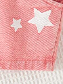 SHEIN Infant/Baby Girls' Fashion Sweet Streetwear Pink Washed Denim Top With Star Print, Matching Printed Shorts Set, Summer - Pink - View 4