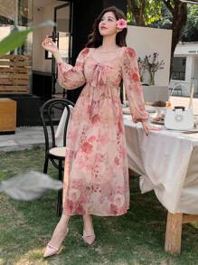 DAZY 女士全印花泡泡袖系带中长连衣裙，秋季长袖连衣裙，度假装扮 - 粉色 - 查看 5