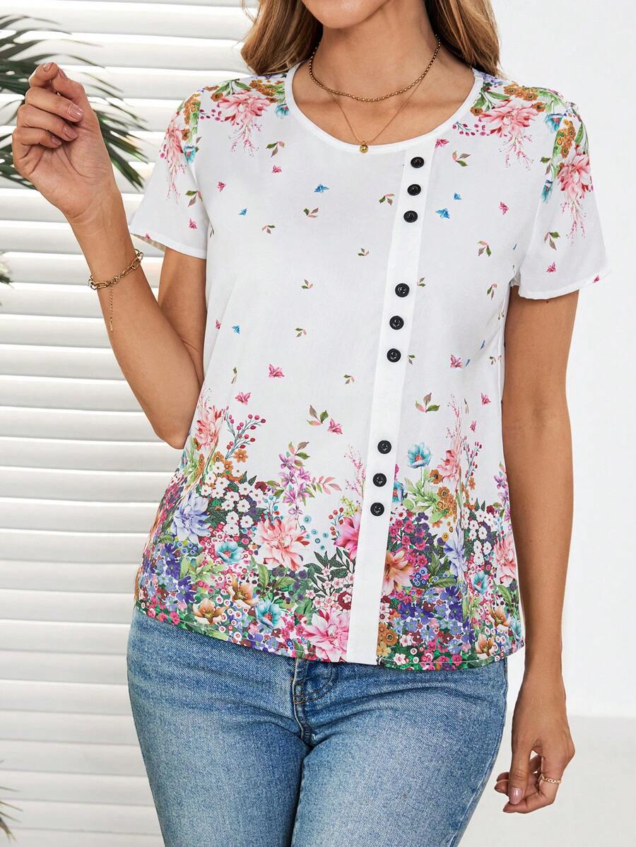 EMERY ROSE 女士休闲花卉印花短袖假日衬衫 - 彩色 - 查看 1