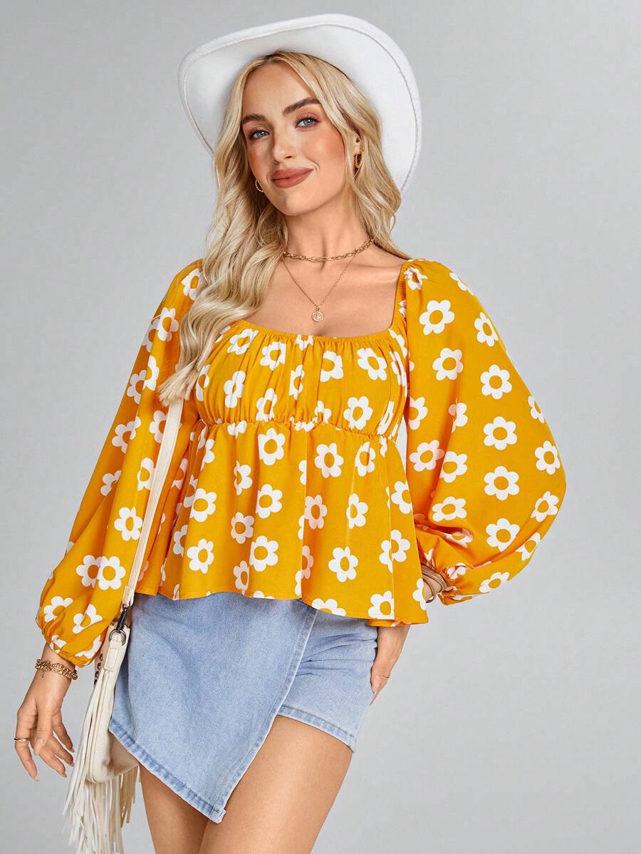 SHEIN LUNE Women's Floral Print Lantern Sleeve Square Neck Casual Blouse
