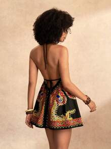 Zivah 新款休闲假日春夏交叉挂脖深 V 领 A 形摆大露背图案印花女式迷你连衣裙 - 彩色 - 查看 3