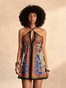 Zivah 新款休闲假日春夏交叉挂脖深 V 领 A 形摆大露背图案印花女式迷你连衣裙 - 彩色 - 查看 4