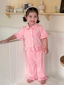 SHEIN Leap Crew 2 Pieces Baby Girl Cute & Simple Peter Pan Collar Button Front Ruffle Hem Short Sleeve Top And Pants Soft Homewear Pajama Set - Pink - View 4