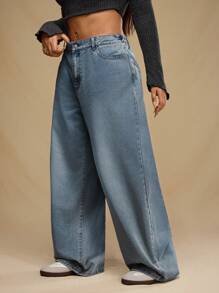 Forever 21 Plus Size Casual Washed Low Waist Wide Leg Jeans - Blue - View 6