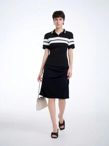 SHEIN Clasi 女士黑白撞色短袖休闲针织 T 恤 - 黑與白 - 查看 7