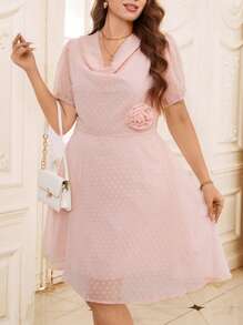 SHEIN Clasi Plus Size Women Solid Hollow-Out Draped Neck Chiffon Dress With Floral Decor, Spring/Summer Wedding Guest Dress