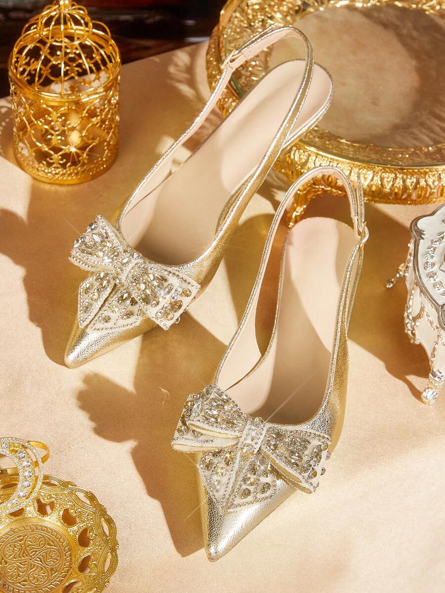 CUCCOO TILAWA Scarpe da donna a punta con fiocco decorativo, cinturino elastico con fibbia, eleganti per feste, adatte per uso quotidiano e attività all'aperto, primavera/estate - Dorato - Visualizzare 1