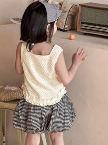 DAZY 2pcs/Set Young Girl Bow Decor Textured Tank Top And Plaid Shorts,Girls Summer Outfits - Black and White - View 2