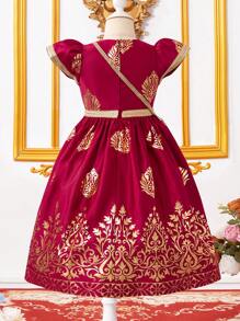 SHEIN 年轻女孩勃艮第中国国庆节束腰外衣 Abaya Kaftan Jalabiya，斋月斋月传统服饰，带有金色图腾箔图案，超长下摆搭配金色腰带，喇叭裙和金色饰边喇叭袖口，优雅而适合派对、郊游和节日 - 酒紅色 - 查看 2