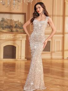 SHEIN Belle Damska sukienka z koralikami na imprezę świąteczną Maxi cekinowa damska sukienka