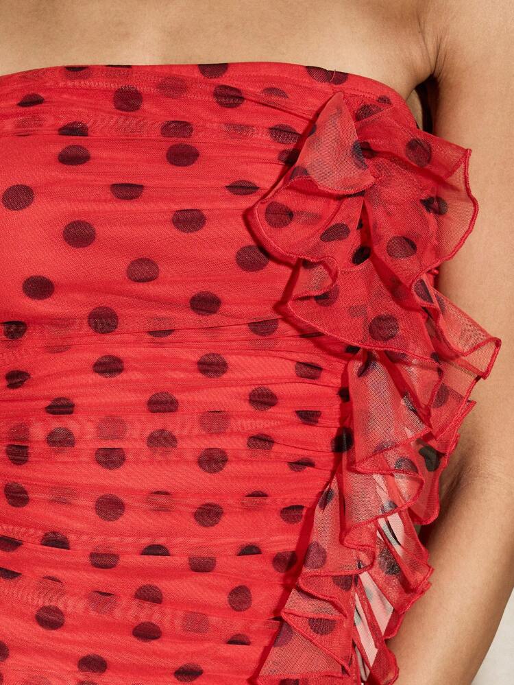 Polka Dot Ruched Strapless Bodycon Mini Dress With Matching Choker Scarf