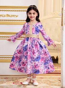 SHEIN DRMZ Young Girl's Spring/Summer Matching Family Vacation, Vintage Rose Ditsy Floral Mixed Print Long Sleeve A-Line Dress, With Golden Woven, Matching Family Vacation Casual Long Sleeve National Ditsy Floral Print Dress, Mom And Daughter & Sisters Matching.