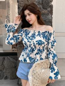 DAZY Blouse met off-shoulder bloemenprint en ruches voor dames