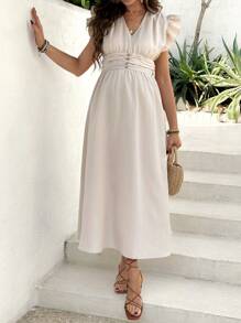 SHEIN Summer Maternity V-Neck Ruffle Puff Sleeve Waist Cinched Dress - Apricot - View 3