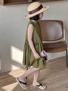 DAZY Simple & Fashionable Casual Solid Color Dress For Young Girls, Daily Wear,Girls Summer Outfits - Green - View 4