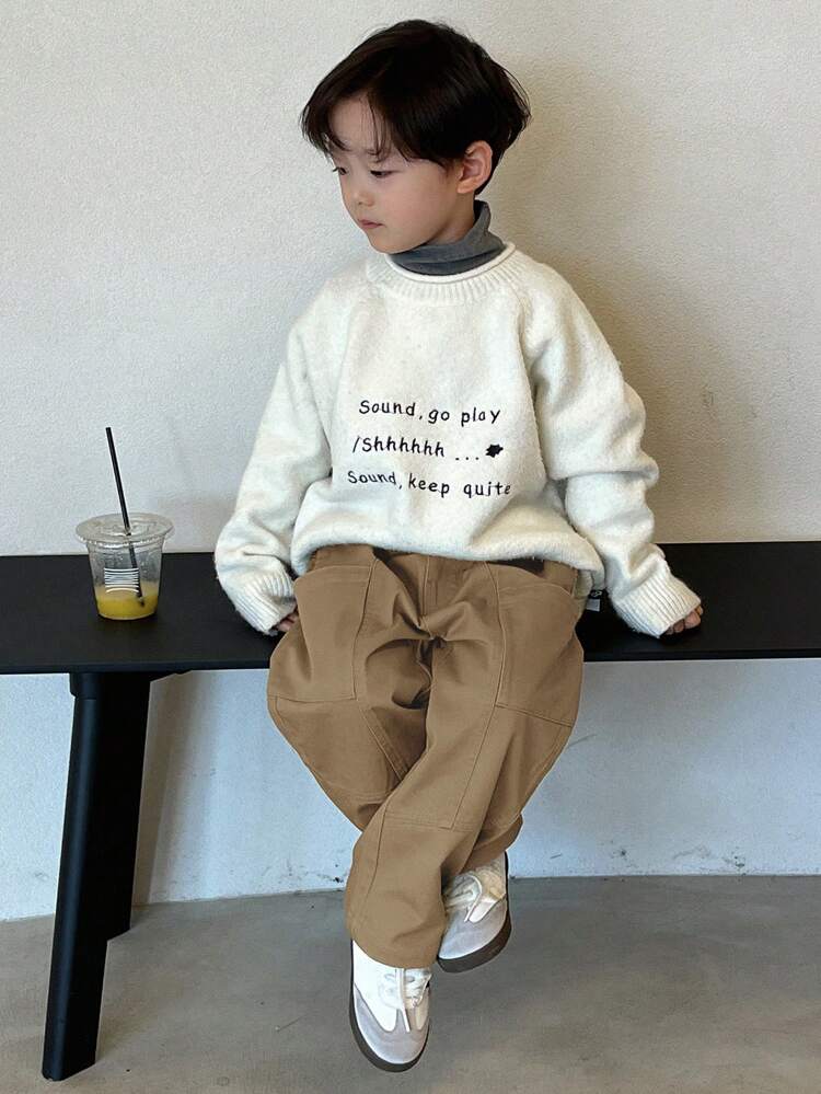 Young Boy Solid Color Straight Loose Casual Pants With Large Pockets