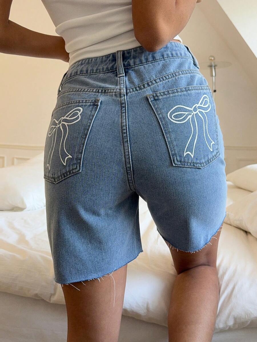 SHEIN EZwear Women's Fitted Casual Denim Shorts With Butterfly Print And Bow Accent, Blue, Summer / Summer / Summer,Spring / Spring For Women,Beach For Woman / Beach,Brunch For Women, Spring Break / Spring Break, Concert Women / Rave Festival / Country Concert / Ibiza / Nashville