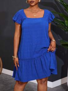 Slaydiva Women Plus Size Square Neckline Cap Sleeve Casual Work Vacation A-Line Dress