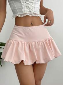 SHEIN Unity 粉色 A 字褶皱荷叶边低腰迷你裙，时尚简约优雅甜美休闲百搭百搭夏季衣橱女性必备品