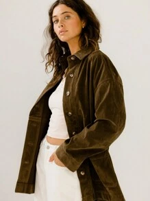 Aralina 时尚麂皮纽扣式贴袋麂皮长款夹克