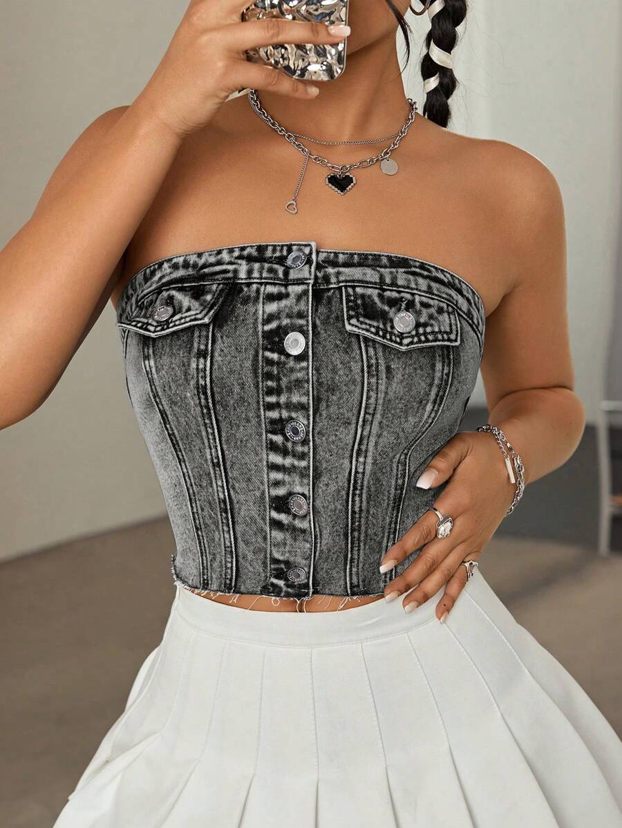 SHEIN ICON Casual Distressed Open-Front Denim Cropped Top - Light Grey - View 1