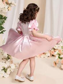 SHEIN Young Girl's Bubble Hem Princess Style Dress With Bow Decor, Pink, Mid-Length, Suitable For Outings, Gatherings, And Parties, Allows Little Girls To Become The Center Of Attention - Pink - View 4