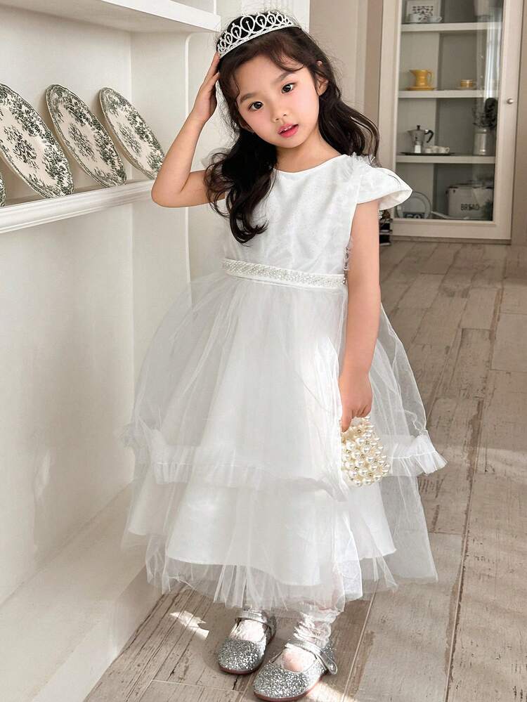 Young Girl Round Neck Mesh Dress, Summer