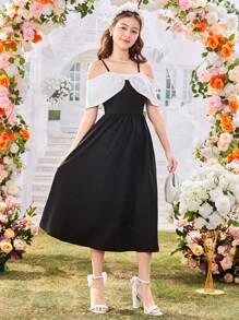 少女优雅露肩蝴蝶装饰吊带裙，少女礼服，春夏 - 黑色 - 查看 3