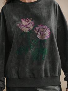 Anewsta Urban Chic Retro Round Neck Long Sleeve Sparkly Rose Rhinestone Embellished Sweatshirt, Spring & Autumn Pullover Fall - Dark Grey - View 6