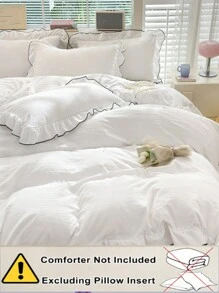 Juego de 3 piezas de ropa de cama con borde floral blanco para dormitorio, 2 fundas de almohada y 1 cubierta de edredón, lavable a máquina, sin relleno