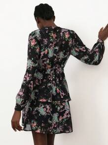 Aveloria Modichic Elegante vestido corto de mujer con mangas abombadas y largas, cintura fruncida, falda plisada, estampado floral de gasa y escote calado