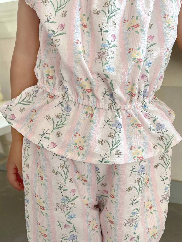2pcs/Set Young Girl Casual Minimalist Camisole Top And Shorts Set Floral,Girls Summer Outfits Vacation