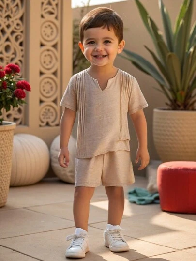 SHEIN 2pcs Baby Boy Apricot Shirt And Shorts Set, Soft And Comfortable Fabric, Casual Daily Wear, Suitable For Daily Life, Vacation, Travel, School, Daily Gatherings, Spring/Summer Outfits