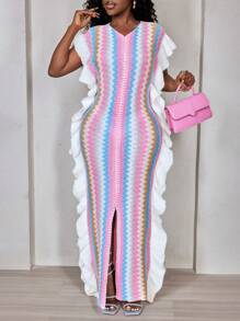 BamGleam Women Striped V-Neck Ruffle Patchwork Slim Sweater Dress - Multicolor - View 4