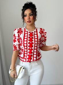 Rafferiza Women's Casual Loose Floral Print Crew Neck Short Sleeve Blouse-Style Shirt - Red - View 4