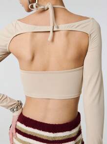 SHEIN Unity 2 In 1 Solid Hollow Out Tie Neck Long Sleeve Top Fall Cloth For Women - Khaki - View 2