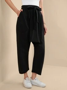 EMERY ROSE Women's Solid Color Casual Loose Knotted Waist Harem Pants Fall Cloth For Women - Black - View 6