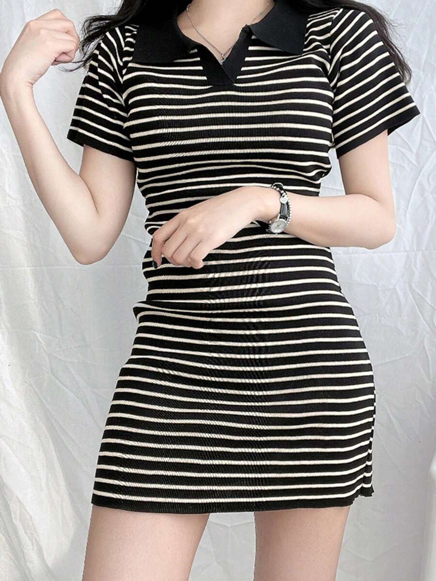 DAZY Women's Polo Collar Striped Patchwork Short Sleeve Knit Dress, Contrast Color, Black & White, Spring/Summer - Black and White - View 1