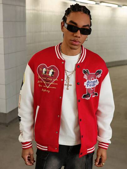 PAVTROS 男士宽松爱心印花棒球夹克（无帽），保暖保暖，带内衬，男士街头风男友礼物，情人节礼物