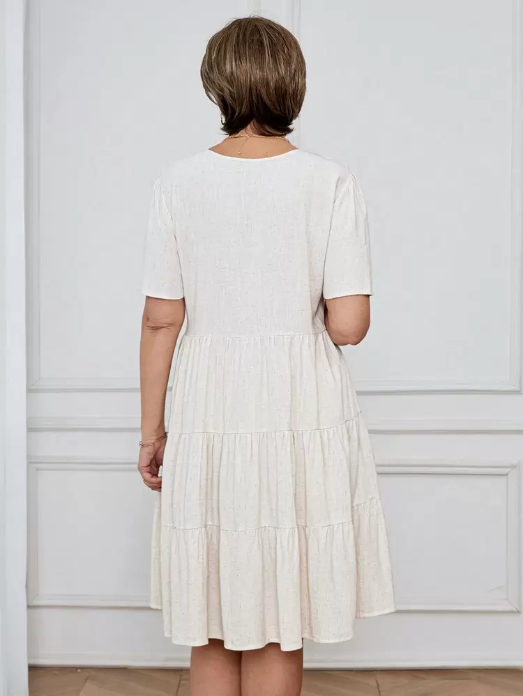 Women's Solid Color Round Neck Ruffle Hem Short Dress