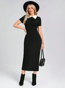 SHEIN LUNE Dames Polo Collar Color Block Elegante Zwarte Bodycon Zeemeerminjurk