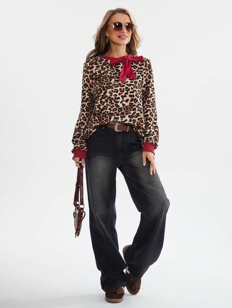 Wildy Women's Leopard Print Bowknot Casual Pullover Hoodie, Spring Collection Bow Top Leopard Print Graduation,Back To School Outfits,Graduation,Teacher Outfits For Women,Back To School