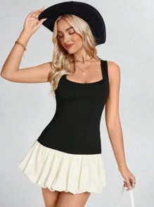 SHEIN LUNE 蓬蓬西式女装女式无袖方领修身泡泡下摆迷你连衣裙，春夏 - 黑與白 - 查看 5