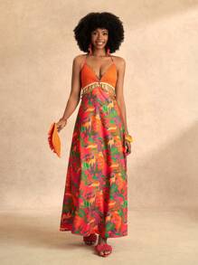 Slaydiva Bohemian Floral Pink Tropical Summer Vacation Holiday Women Dress,Nashville Western Music Festival Ditsy Floral Waist Cutout Shell Belt Tassel Decor - Multicolor - View 1
