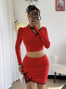 Chiquease Conjunto de 2 piezas con adorno de botones de estilo chino para mujeres, atuendo de Año Nuevo