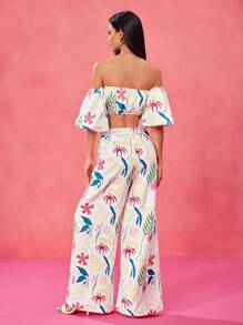 Miriam Omar Designer Boho Bohemian Floral Printed Lantern Sleeves Strapless Top With Flared Pants Set, Festival - Multicolor - View 2